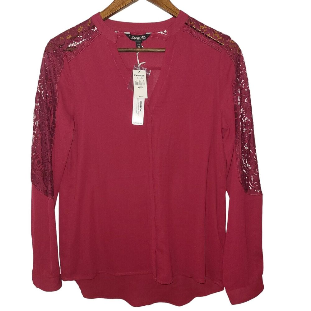 NWT Express Red Lace Detail Button Front Blouse Womens XS